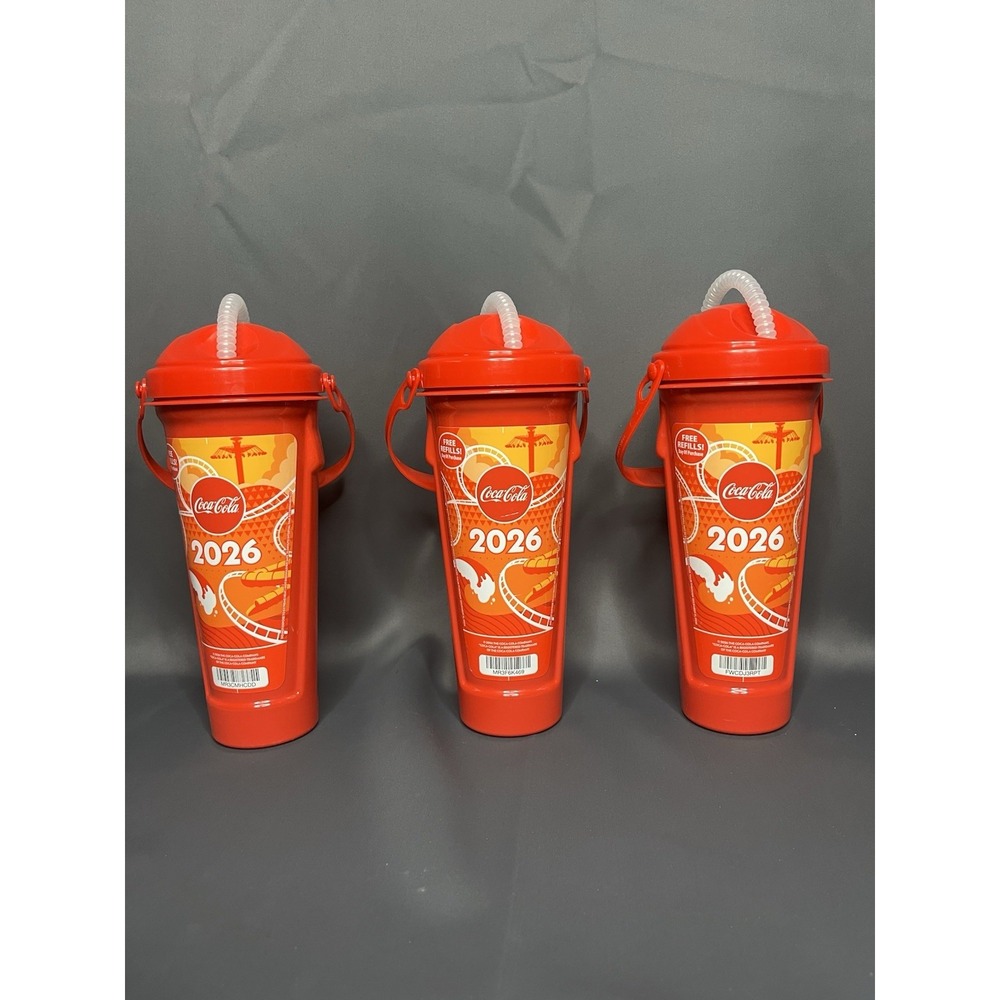 3 Six Flags Coca-Cola 2026 Souvenir Refill Cups Red Tumbler w/ Straw.